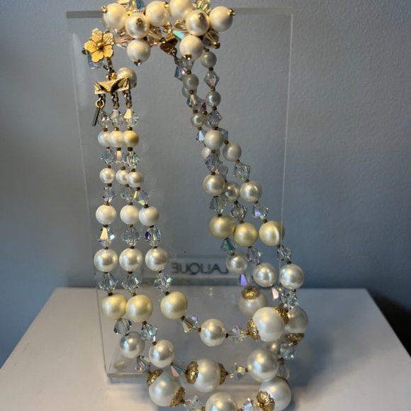 Vintage Vendome 3 Strand Faux Pearl AB Crystal Gold Filigree Necklace Earrings - Picture 6 of 15